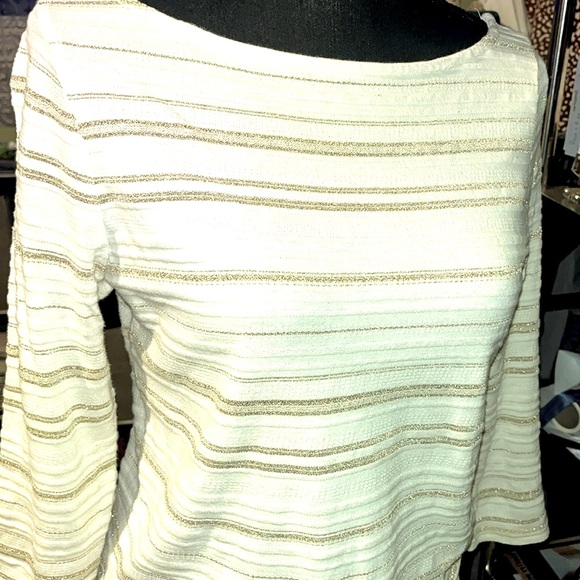 #806-Ralph Lauren PetiteBlouse Medium w/ Au metallic stripes 89% cotton pit: 42” - Picture 1 of 11